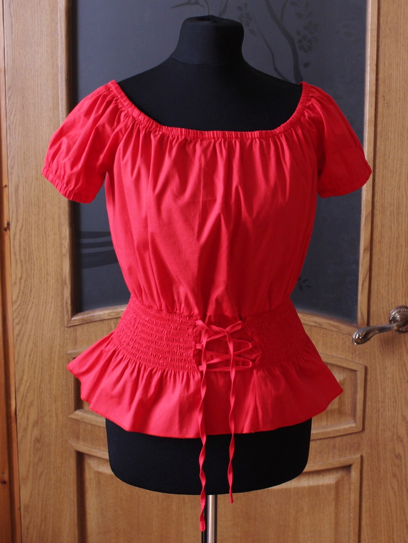 Vintage red scarlet karmen blouse Size XS Elastic waist top Flame scarlet blouse Peasant cotton top Puff sleeves romantic shirt Rustic top
