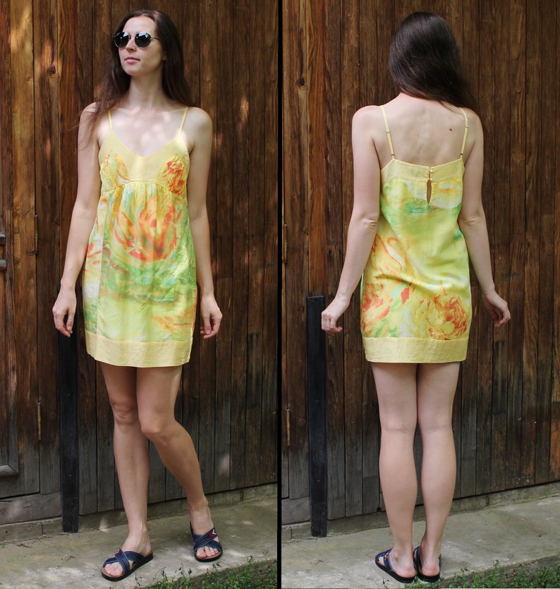 Vintage cotton silk mini dress Size ML Summer flirty dress Beach colorful tunic Tie due pattern women/'s top Multicolor dress US size 810