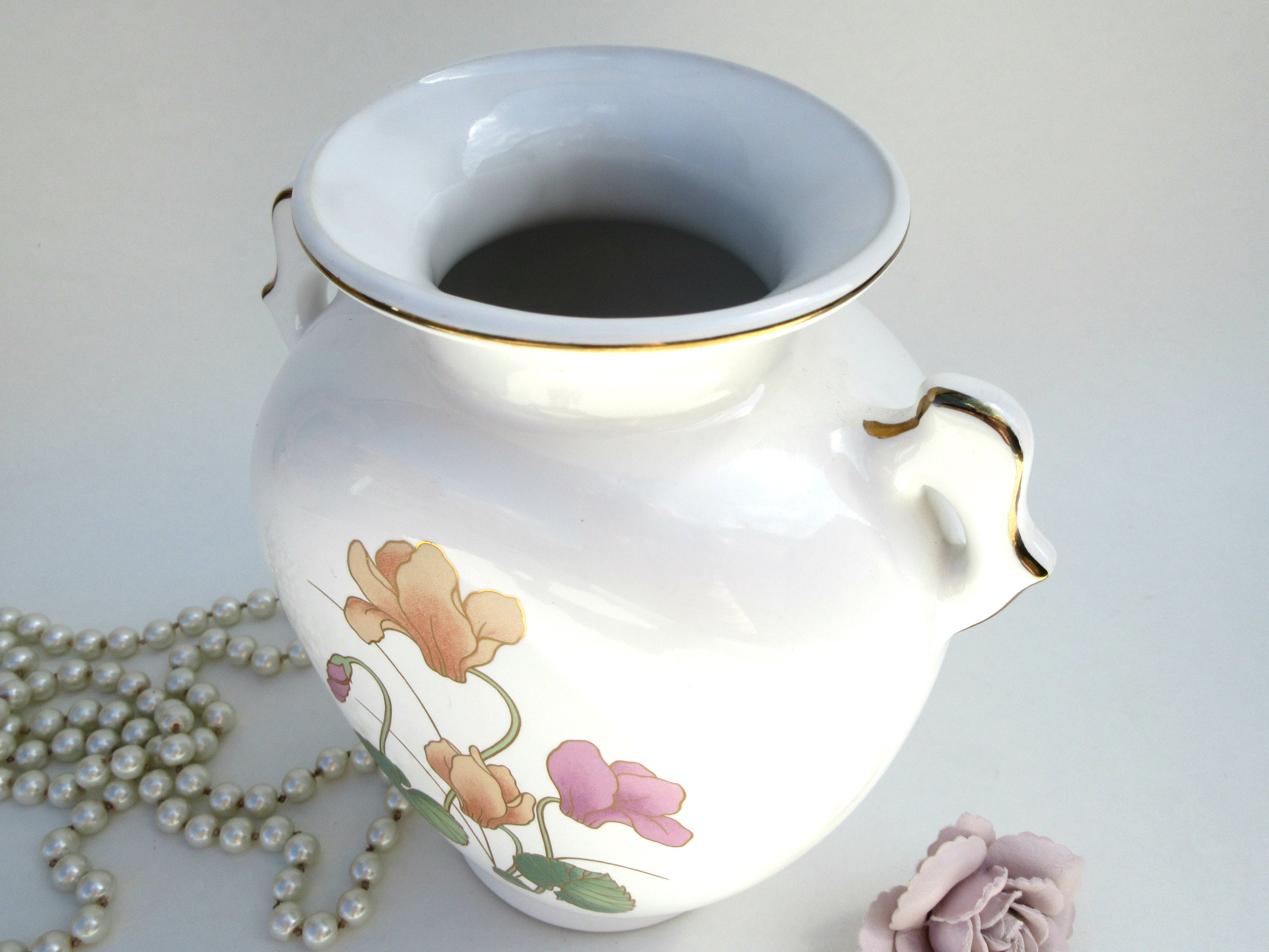 Mid Century Modern Japanese Vase: White & Gold Floral Art Deco