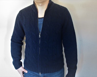 Vintage Wool Sweater Men size M - L Wool Beautiful Warm cable knitted Sweater Cardigan Dark Blue Soft