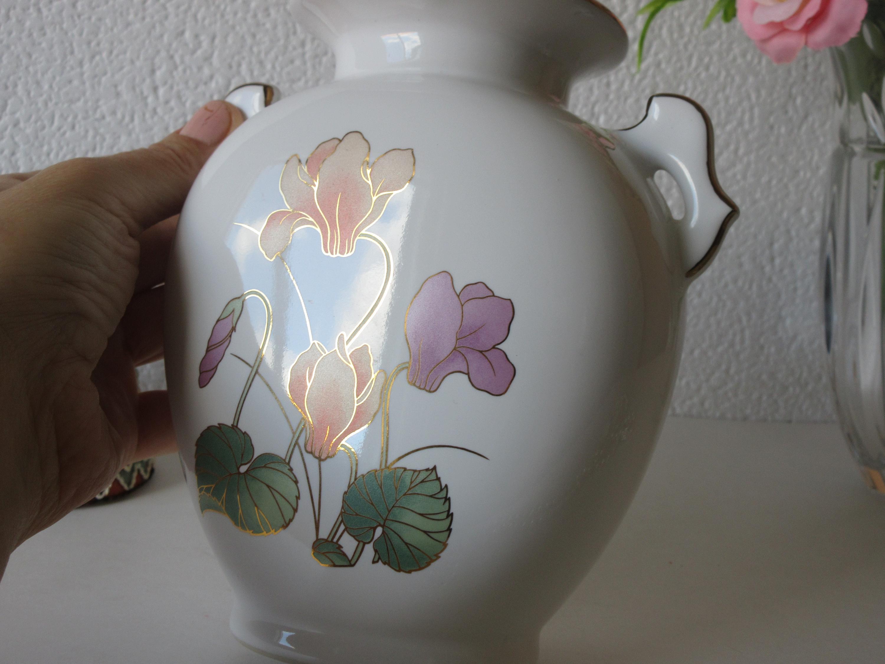 Mid Century Modern Japanese Vase: White & Gold Floral Art Deco