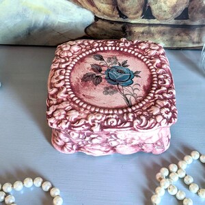 Vintage Hand Decorated Jewelry Box: Pink Floral Porcelain Trinket Bowl