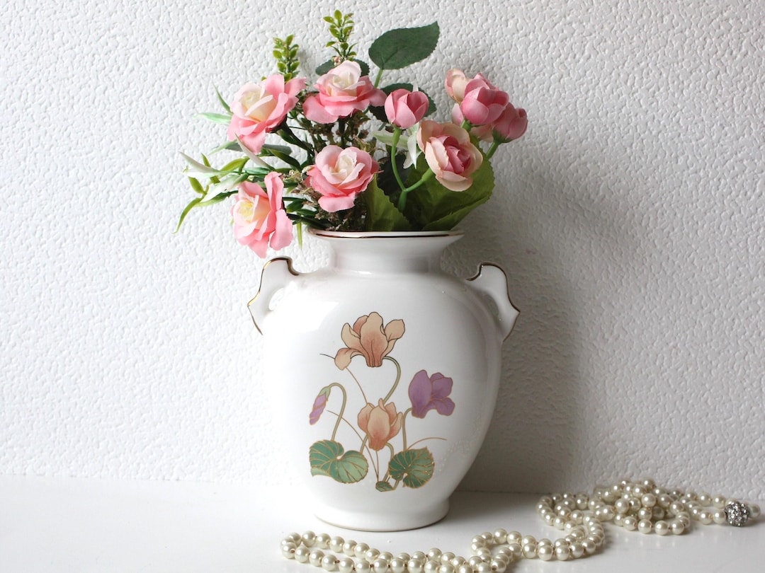 Mid Century Modern Japanese Vase: White & Gold Floral Art Deco