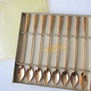 Vintage Tallstirs spoon set by Ray J. Walther Co. - Gold color leaf MCM aluminum tallstirs drink Cocktail Stirrers/Spoons