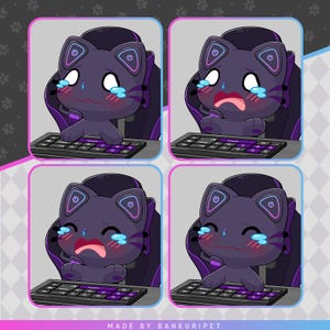 Pu&ograve; includere: Quattro illustrazioni quadrate di un gatto dei cartoni animati che piange con una tastiera. Il gatto &egrave; viola scuro con accenti viola chiaro e lacrime blu. La tastiera &egrave; nera con tasti viola. Lo sfondo &egrave; una sfumatura di rosa e blu.