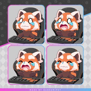 K&ouml;nnte beinhalten: Vier digitale Illustrationen eines Roten Pandas, der auf einem Gaming-Stuhl vor einer Tastatur sitzt und weint. Der Rote Panda tr&auml;gt ein Headset und hat einen traurigen Gesichtsausdruck. Der Hintergrund ist ein grau-wei&szlig;es Karomuster.