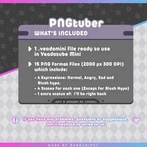 May include: A pink and blue graphic with the text "PNGtuber" and "What's Included" in white. The graphic lists the contents of a PNGtuber file, including a Veadomini file, 15 PNG format files (2000 px 300 DPI), and an extra status of "I'll be right back". The graphic also includes the text "Art & Design by Crissu" and "Made by Bankuripet".