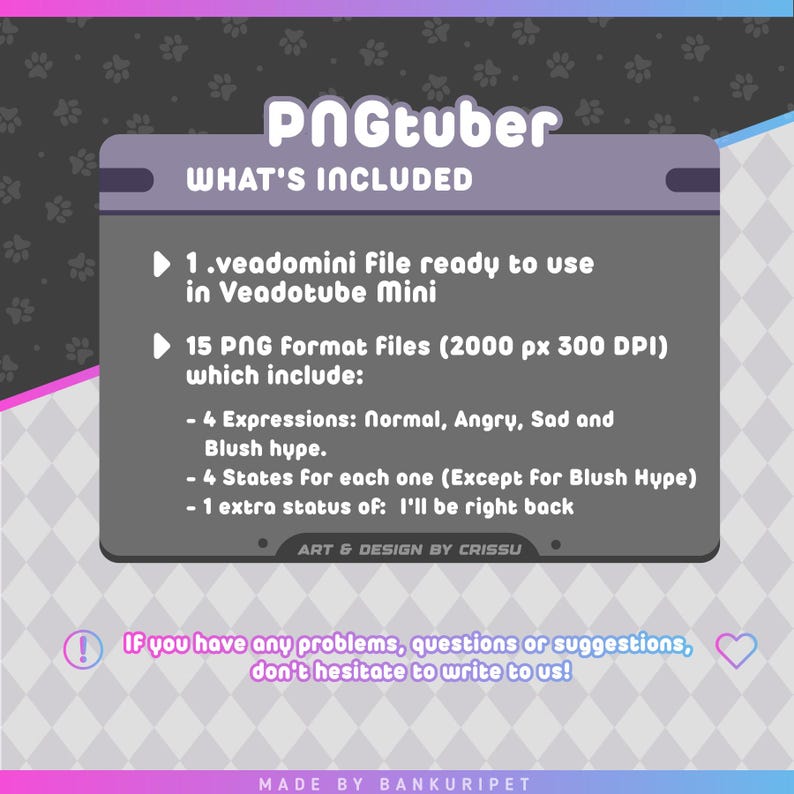 May include: A pink and blue graphic with the text "PNGtuber" and "What's Included" in white. The graphic lists the contents of a PNGtuber file, including a Veadomini file, 15 PNG format files (2000 px 300 DPI), and an extra status of "I'll be right back". The graphic also includes the text "Art & Design by Crissu" and "Made by Bankuripet".