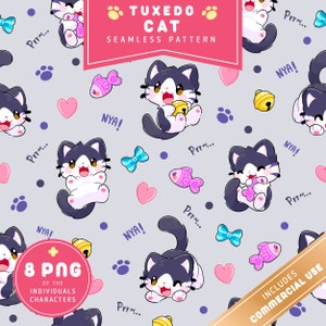 Tuxedo Cat Pattern | Commercial Use | Seamless Pattern | Tuxedo Cat Clipart | Digital Download | Printable | Cute & Kawaii Cats