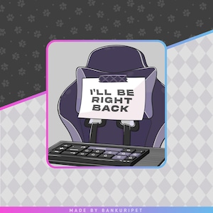 May include: A purple gaming chair with a white note attached to the headrest that says "I'll be right back". A black keyboard is in front of the chair.