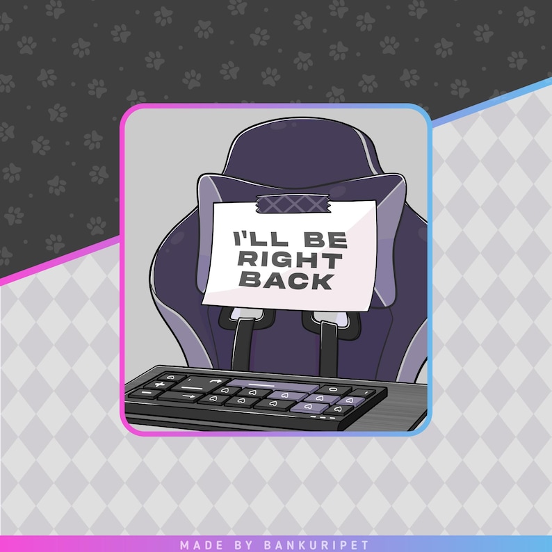 May include: A purple gaming chair with a white note attached to the headrest that says "I'll be right back". A black keyboard is in front of the chair.
