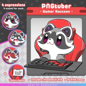 May include: A cartoon raccoon wearing a headset and sitting in a red gaming chair, typing on a black keyboard. The raccoon has a gray and white fur pattern and pink cheeks. The image includes the text "PNGtuber", "Gamer Raccoon", "I'll be right back", "ART & DESIGN BY CRISSU", "Includes .Veadomini File", "15 PNG 2000px", and "MADE BY BANKURIPET".