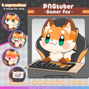 May include: A digital illustration of a cartoon fox character, designed as a PNGtuber. The fox is orange and white, with green eyes, and is seated at a desk with a keyboard. The image includes four different expressions and an "I'll be right back" status.