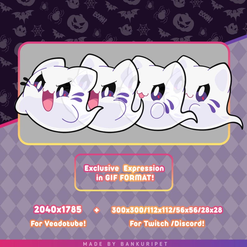 May include: A digital graphic featuring four white ghost cat characters with purple markings and expressive faces. The text reads: Exclusive Expression in GIF FORMAT! 2040x1785 + 300x300/112x112/56x56/28x28 For Veadotube! For Twitch /Discord! MADE BY BANKURIPET.