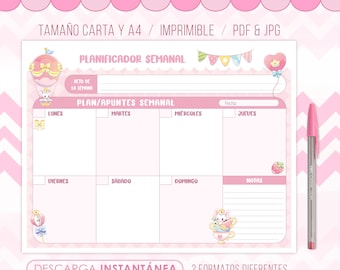 Planificador semanal / Calendario / Lista de tareas / Notas / PDF para imprimir / Tamaño Carta y A4 / Papelería Cute & Kawaii / Aesthetic