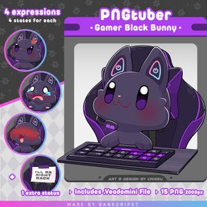 May include: A black bunny with pink cheeks sits in a purple gaming chair and uses a black keyboard with purple keys. The bunny has a purple and blue power button on each ear. The text "PNGtuber" and "Gamer Black Bunny" is at the top of the image. The text "I'll be right back" is on a white sign in the bottom left corner. The text "Includes .Veadomini File 15 PNG 2000px" is at the bottom of the image.