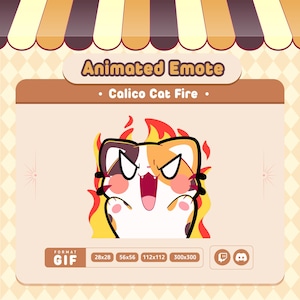 Può includere: GIF animato di un gatto calico con occhi arrabbiati e bocca aperta, su uno sfondo di fiamme arancioni e gialle. Il gatto è in fiamme. Il testo "Animated Emote - Calico Cat Fire -" è sopra l'immagine. Il testo "FORMAT GIF 28x28 56x56 112x112 300x300" è sotto l'immagine. L'immagine include anche icone per Twitch e Discord.