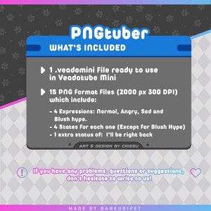 May include: A digital information graphic titled PNGtuber WHAT'S INCLUDED. It lists one .veadomini file for Veadotube Mini and 15 PNG files at 2000 px 300 DPI, including four expressions, four states for each, and one extra status of I'll be right back.