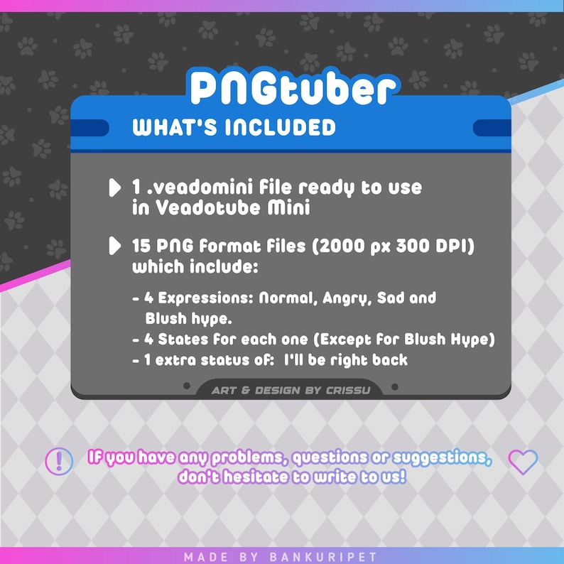 May include: A digital information graphic titled PNGtuber WHAT'S INCLUDED. It lists one .veadomini file for Veadotube Mini and 15 PNG files at 2000 px 300 DPI, including four expressions, four states for each, and one extra status of I'll be right back.