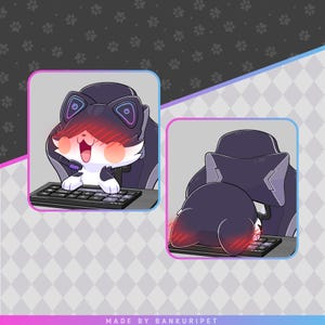 May include: A black and white cat wearing a black gaming headset sits in a black gaming chair and types on a keyboard. The cat has red blush on its cheeks and is looking at the keyboard. The cat is wearing a black and white gaming headset with a blue and purple light. The cat is sitting in a black gaming chair with a blue and purple light. The cat is typing on a black keyboard with a blue and purple light. The cat is looking at the keyboard with a happy expression.