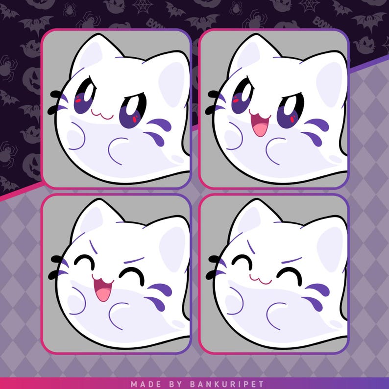 May include: A set of four square icons featuring a white ghost cat character with purple facial markings and large dark eyes. Each icon displays a different facial expression, including neutral, happy, and laughing. The text MADE BY BANKURIPET is at the bottom.
