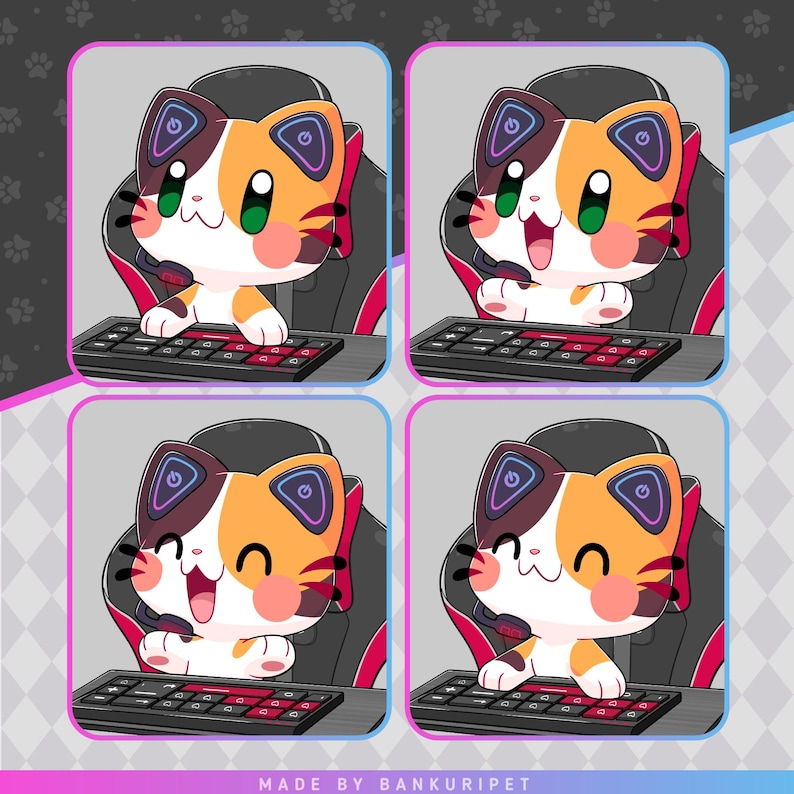 May include: A digital illustration of a cat wearing a headset and sitting in front of a keyboard. The cat is orange and white with green eyes. The cat is smiling and appears to be playing a video game. The background is a gray and pink checkered pattern.