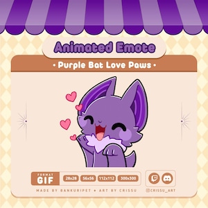 Animated Purple Bat Love Paws Emote / Love Cute Bat / Paws Bat / Twitch / Discord / Kawaii Emoji / Cute Gothic Gif / Streaming Kawaii