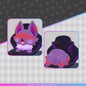 May include: Two digital illustrations featuring a purple bat-like creature with large ears and a white chest tuft sitting in a black gaming chair. In the first, the creature is smiling at a keyboard. In the second, it is face down on the keyboard.