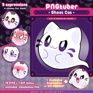 Könnte beinhalten: Digitales Kunstwerk mit einer weißen Geisterkatze mit lila Akzenten, betitelt "PNGtuber Ghost Cat". Das Bild zeigt verschiedene Ausdrücke und enthält Text mit 18 PNG-Dateien, 1 GIF-Datei und eine .Veadomini-Datei.