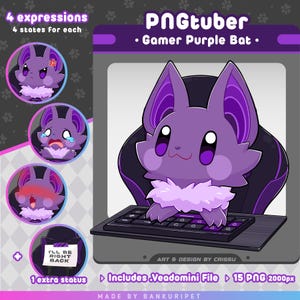 ゲーマー パープル バット PNGTuber | かわいいバット | Twitch ストリーミング アバター | Vtuber アセット | 面白い PNGtuber | 音声反応画像 | すぐに使用可能 | OBS
