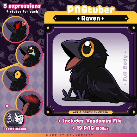 Black Raven PNGTuber | Avatar for Streaming Twitch, Discord and Youtube | Voice Reactive Images Ready To Use in Veadotube | OBS