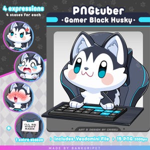 May include: A digital illustration of a cartoon black and white Husky character, labeled "PNGtuber - Gamer Black Husky." The image includes four expressions, a "I'll be right back" status, and a keyboard. The design is by Crissu.
