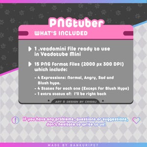May include: A pink and gray graphic with the text "PnGtuber" and "WHAT'S INCLUDED." The image details a .veadomini file and 15 PNG format files, including expressions and states. The bottom text says "If you have any problems, questions or suggestions, don't hesitate to write to us!"