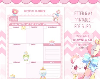 Planificador semanal Vertical / Calendario / Lista de tareas / Notas / Imprimible / Tamaño Carta y A4 / Papelería Cute & Kawaii / Estética