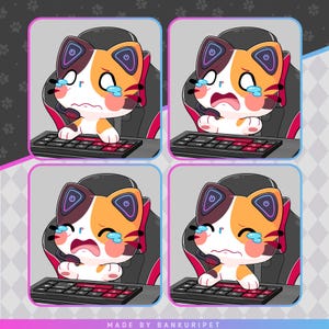 May include: A cartoon cat with orange and white fur is wearing a headset and sitting in a gaming chair in front of a keyboard. The cat is crying and has a distressed expression. The cat is wearing a headset with a blue and purple power button. The cat is sitting in a black and red gaming chair. The keyboard is black with red keys. The cat is looking at the keyboard. The image is a digital illustration.