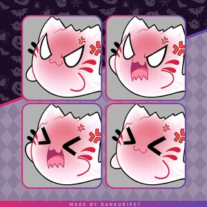 May include: Four square digital illustrations of a round, pale pink ghost-like cat character with red facial markings and an angry expression. Each panel shows a different variation of the character's face, with the text MADE BY BANKURIPET below.
