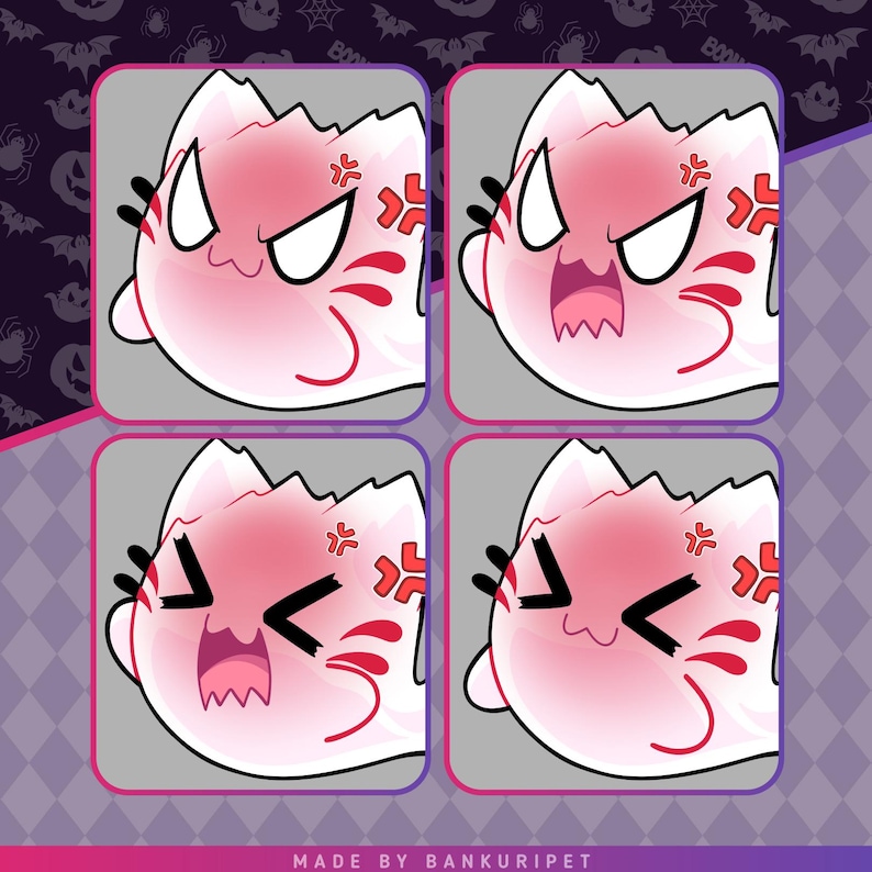 May include: Four square digital illustrations of a round, pale pink ghost-like cat character with red facial markings and an angry expression. Each panel shows a different variation of the character's face, with the text MADE BY BANKURIPET below.