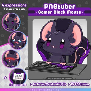 Może przedstawiać: Cyfrowa ilustracja czarnej myszy o nazwie "PNGtuber Gamer Black Mouse". Mysz ma duże uszy i fioletowe akcenty, siedząc na krześle do gier z klawiaturą. Obraz zawiera cztery wyrażenia i status "I'll be right back".