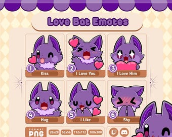 Chibi Purple Bat Love Emotes | Kawaii Twitch & Discord Pack (Digital Download)