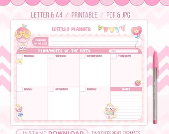 Planificador semanal | Calendario | Lista de tareas | Notas | PDF para imprimir | Tamaño Carta y A4 | Papelería Cute & Kawaii | Aesthetic