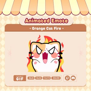 Può includere: GIF animato di un gatto arancione con occhi arrabbiati e bocca aperta, avvolto dalle fiamme. Il gatto è su uno sfondo marrone chiaro con un motivo a scacchi bianco e marrone. Il testo "Animated Emote" e "Orange Cat Fire" è visualizzato sopra il gatto. Il testo "FORMAT GIF" è visualizzato sotto il gatto, insieme a varie dimensioni del GIF: 28x28, 56x56, 112x112 e 300x300. I loghi di Twitch e Discord sono visualizzati a destra delle dimensioni del GIF.