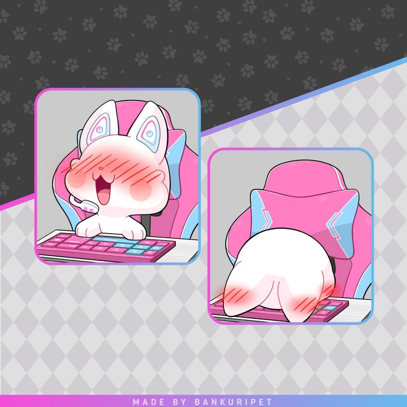 May include: Two cartoon images of a white bunny with pink blush, sitting in a pink and blue gaming chair. The bunny is in front of a pink keyboard. The background is gray with paw prints. Text at the bottom reads "MADE BY BANKURIPET."