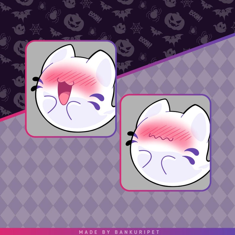 May include: Two square icons featuring a white, round, ghost-like character with purple accents and a bright pink blush across its face. One icon shows the character with an open mouth, while the other shows a wavy line mouth. Text reads MADE BY BANKURIPET.