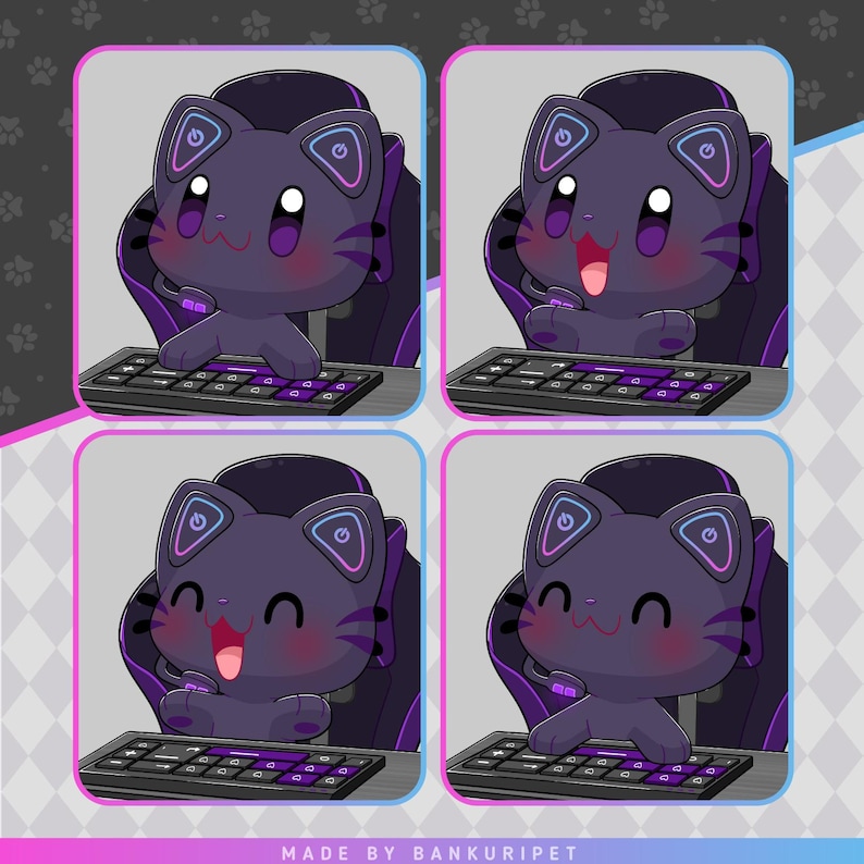 Pu&ograve; includere: Quattro illustrazioni quadrate di un gatto dei cartoni animati con cuffie da gioco e tastiera. Il gatto &egrave; viola con accenti rosa e un volto sorridente. I tasti della tastiera sono viola. Lo sfondo &egrave; una sfumatura di rosa e blu.