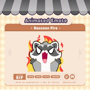 Può includere: GIF animato di un procione con occhi arrabbiati e bocca aperta, su uno sfondo di fiamme arancioni e gialle. Il GIF è disponibile in diverse dimensioni, tra cui 28x28, 56x56, 112x112 e 300x300 pixel. Il testo "Raccoon Fire" è visualizzato sopra il GIF, e il testo "MADE BY BANKURIPET ART BY CRISSU @CRISSU_ART" è visualizzato sotto il GIF.