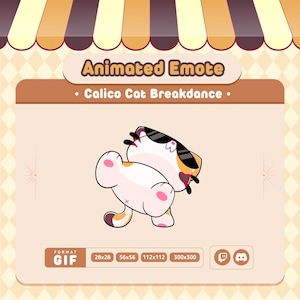 May include: Animated GIF of a calico cat wearing sunglasses and breakdancing. The cat is white with orange and black patches. The GIF is available in various sizes, including 28x28, 56x56, 112x112, and 300x300 pixels. The GIF is formatted for Twitch and Discord.