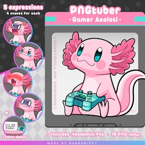 Pode incluir: Um axolotl rosa de desenho animado segurando um controle de jogo turquesa, rotulado como "PNGTuber Gamer Axolotl". A imagem inclui cinco expressões e um status extra. O texto diz "Controller Version", "Includes Veadomini File" e "19 PNG 1500px".