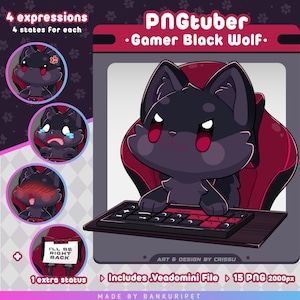 Puede incluir: Ilustración digital de un personaje de lobo negro, etiquetado como "PNGtuber Gamer Black Wolf", con varias expresiones. El lobo está sentado en una silla de juego roja, usando un teclado. Gráficos adicionales muestran diferentes estados emocionales y un letrero que dice "I'll be right back."