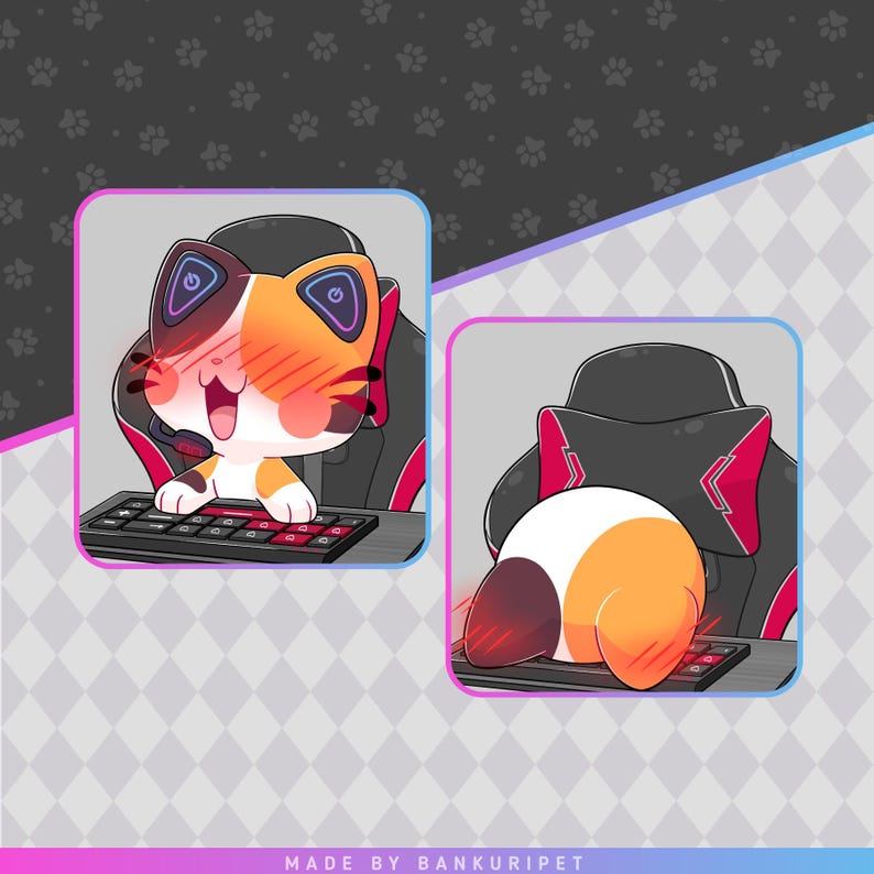 May include: A cartoon cat wearing a headset and sitting in a gaming chair, typing on a keyboard. The cat is blushing and has a happy expression. The second image shows the cat's back, with its tail curled up on the keyboard.