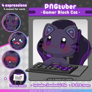 ゲーマー黒猫 PNGTuber | かわいい黒猫 | Twitch ストリーミングアバター | Vtuber アセット | 面白い PNGtuber | 音声反応画像 | すぐに使える | OBS